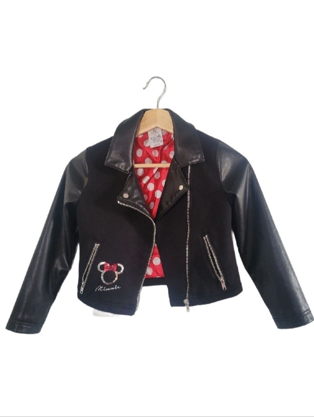 DISNEY Minnie Mouse Faux Leather Biker Jacket Size 5/6 Polka Dot Lined Jacket